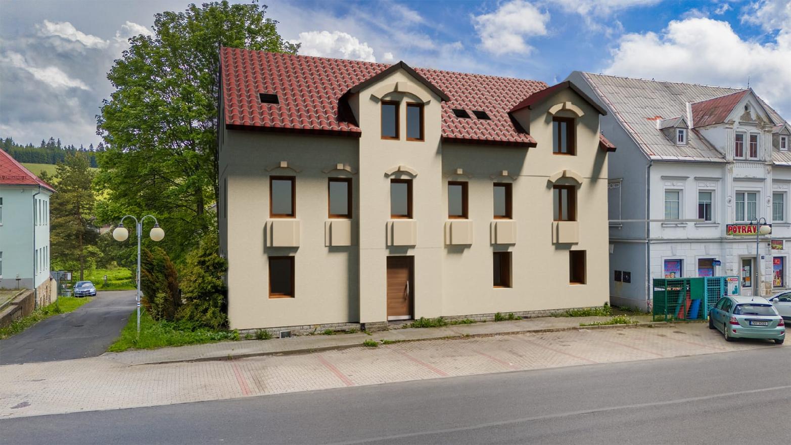 Pohled na dům z hlavní ulice